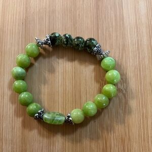 Hand Crafted Beaded Stretch Bracelet Lime Green Silver Semi-precious Stone Glass
